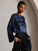 [Dark Blue] SilkSilky  Long Sleeve Boat Neck Women's Blouse 001