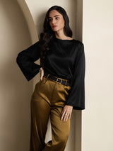 [Black] SilkSilky  Long Sleeve Boat Neck Women's Blouse 006