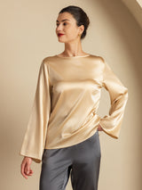 [Champagne] SilkSilky  Long Sleeve Boat Neck Women's Blouse 009