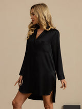 [Black] SilkSilky  Long Sleeve Lapel Collar Nightshirt 006