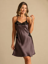 [Dark Brown] SilkSilky  Spaghetti Strap V Neck Nightgown 006