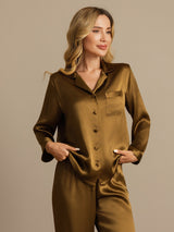 [Brown] SilkSilky  Long Sleeve Lapel Collar Women's Pajamas 006