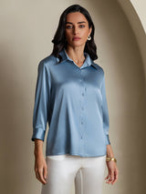 [Grayish Blue] SilkSilky  3/4 Sleeve Lapel Collar Women's Shirts 004