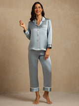 [Grayish Blue] SilkSilky  Long Sleeve Lapel Collar Women's Pajamas 007