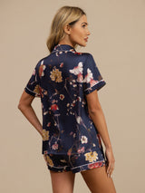 [Navy Floral] SilkSilky  Short Sleeve Lapel Collar Women's Pajamas 002