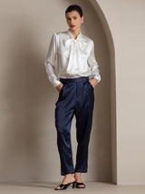 [White] SilkSilky  Long Sleeve Tie Neck Women's Blouse 006