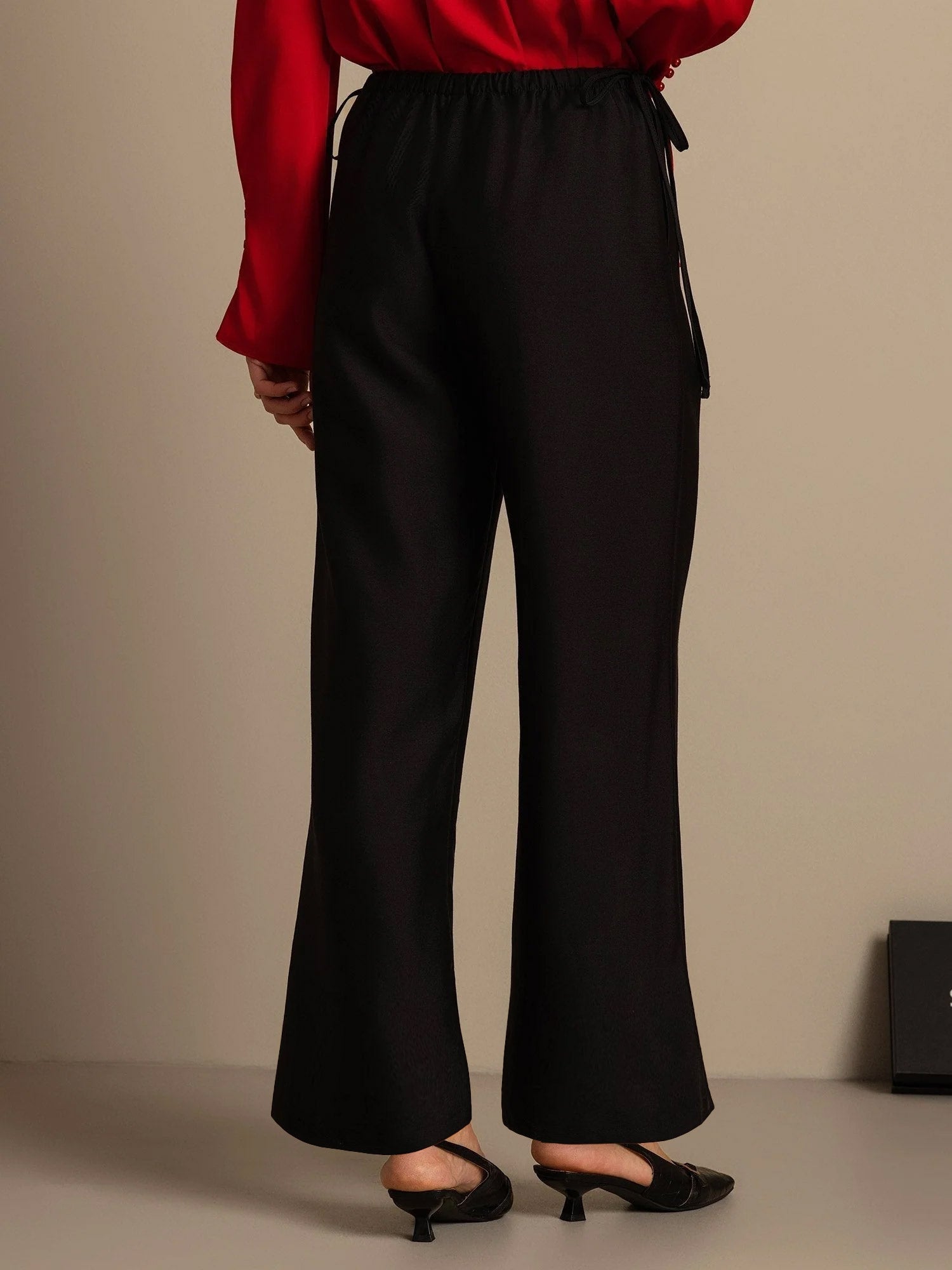 Black silk-wool blend straight-leg women's pants with drawstring waist and side pockets