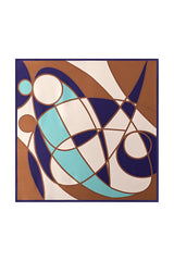 Abstract geometric mulberry silk square scarf with navy, brown, ivory and aqua curves