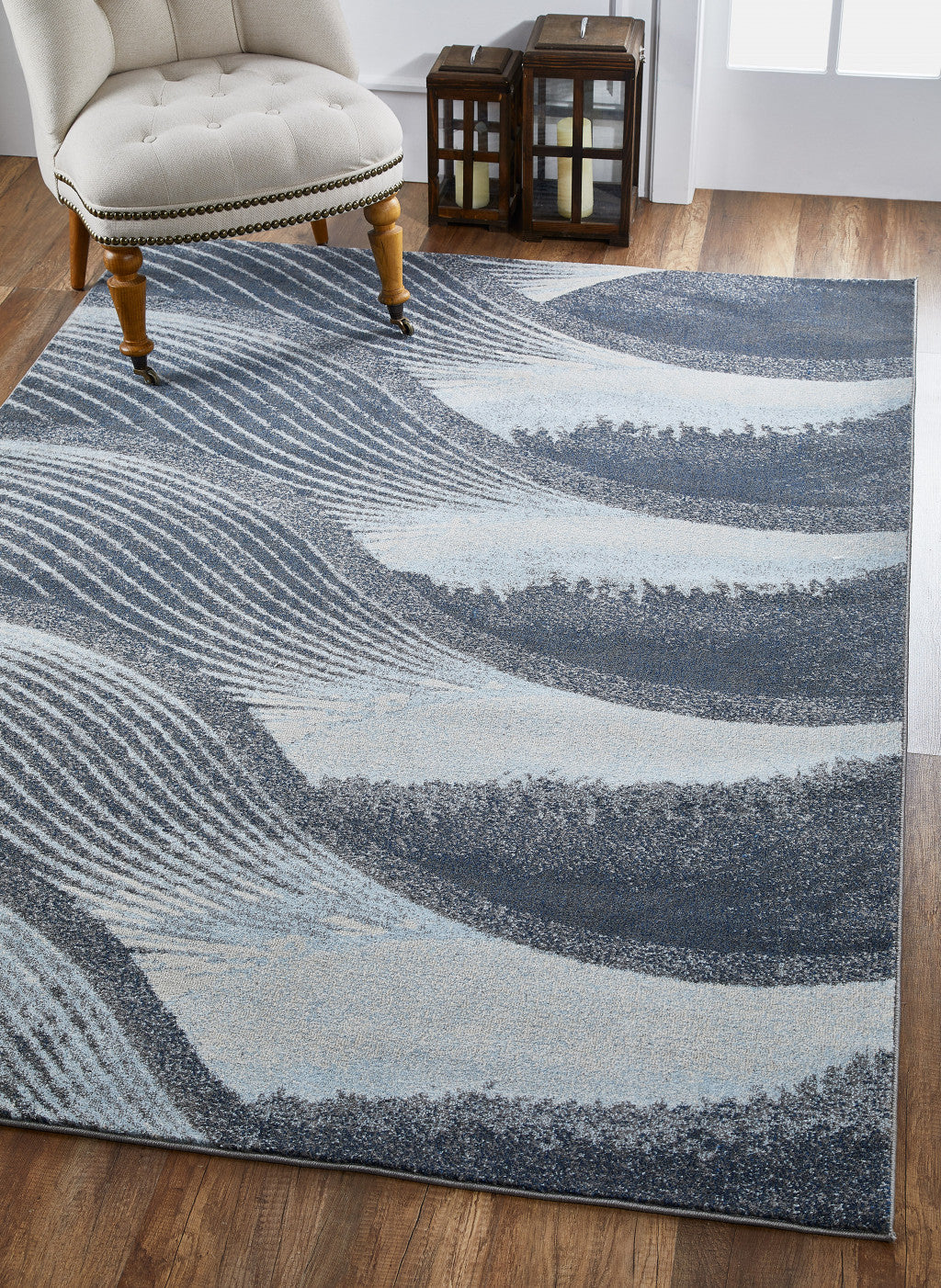 HomeRoots Grey/Blue Heat-Set Polypropelene 5’ x 8’ Gray Blue Abstract Waves Modern Area Rug