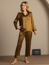 [Brown] SilkSilky  Long Sleeve Lapel Collar Women's Pajamas 004