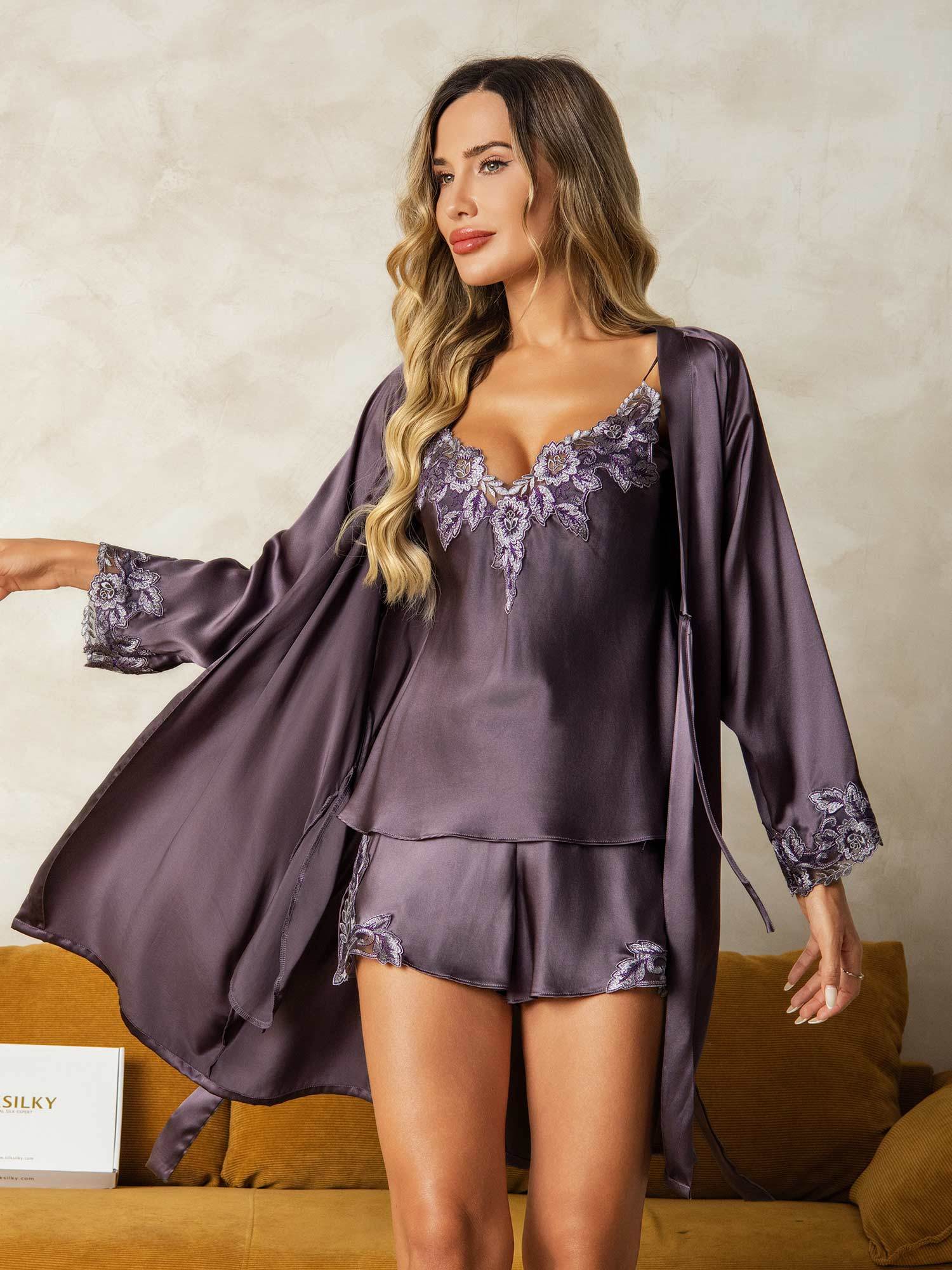 [Purple Gray] SilkSilky  3/4 Sleeve V Neck Women's Pajamas 001