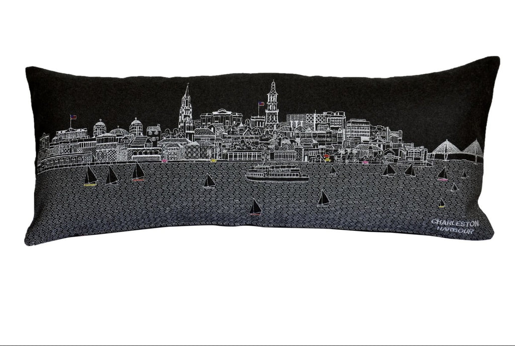HomeRoots Grey 24' Black Charleston Nighttime Skyline Lumbar Decorative Pillow