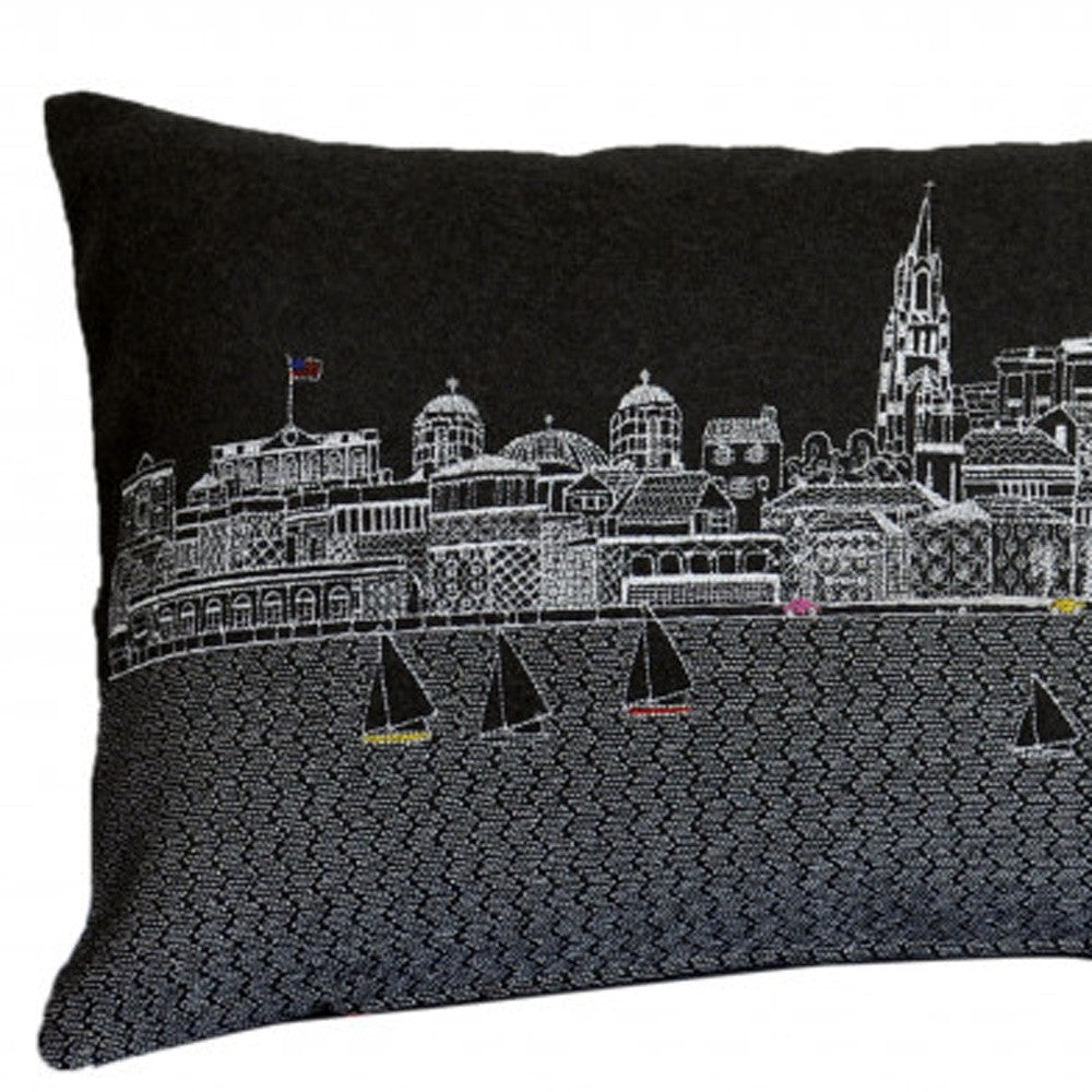 HomeRoots Grey 35' Black Charleston Nighttime Skyline Lumbar Decorative Pillow