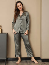 [Grayish Green] SilkSilky  Long Sleeve Lapel Collar Women's Pajamas 004