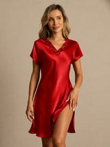 [Dark Red] SilkSilky  Short Sleeve V Neck Nightgown 001