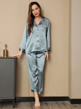 [Steel Blue] SilkSilky  Long Sleeve Lapel Collar Women's Pajamas 002