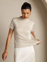 Beige short sleeve mock neck silk T-shirt for women