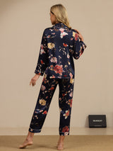 [Navy Floral] SilkSilky  Long Sleeve Lapel Collar Women's Pajamas 002