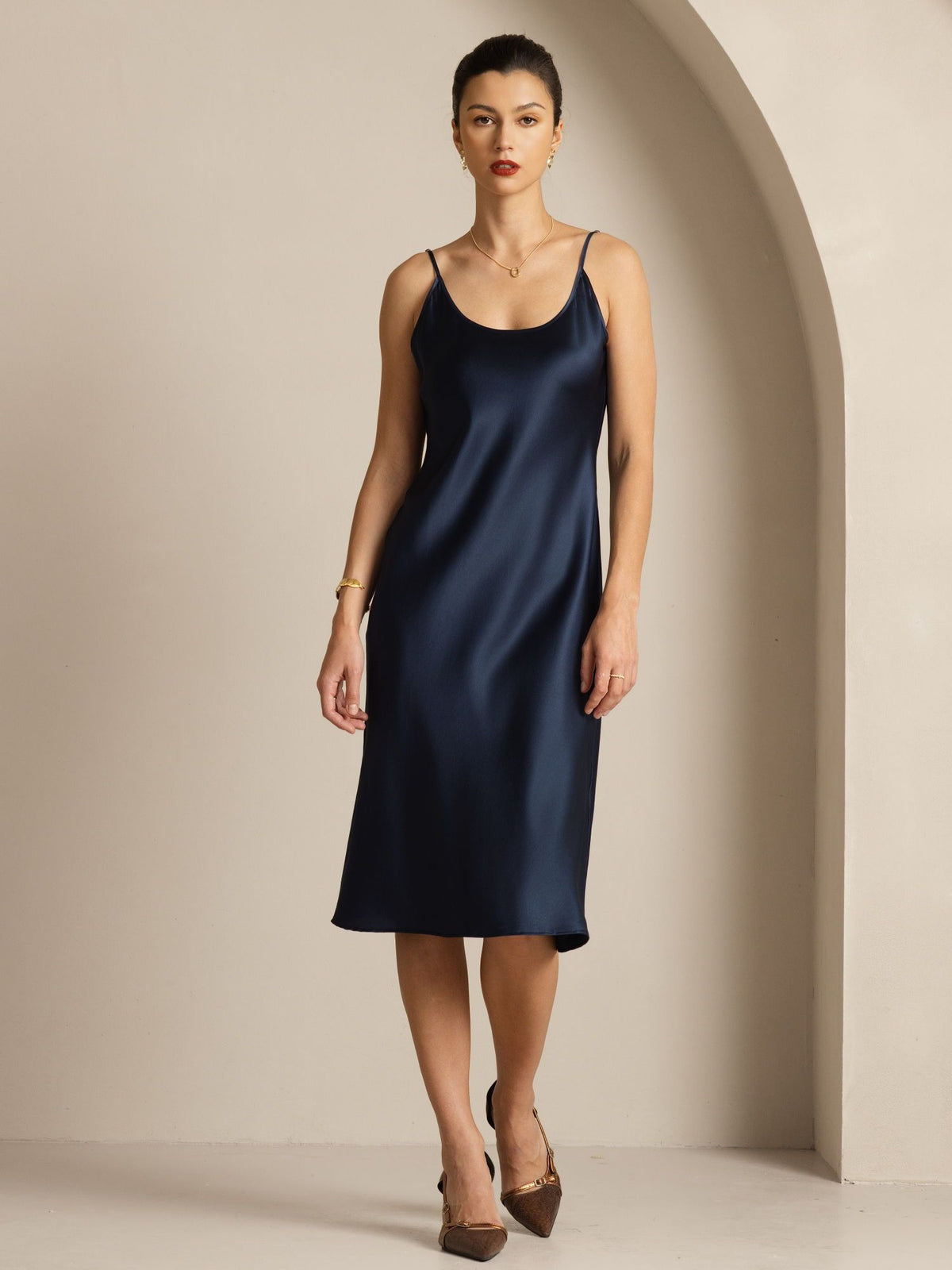 [Dark Blue] SilkSilky  Spaghetti Strap U Neck Dress 001