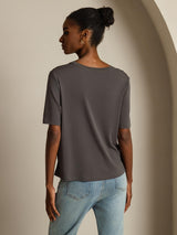 Dark gray pure silk V-neck women’s T-shirt with short sleeves and relaxed fit