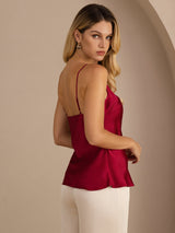 [Wine] Red mulberry silk camisole top with adjustable spaghetti straps and V neck 002