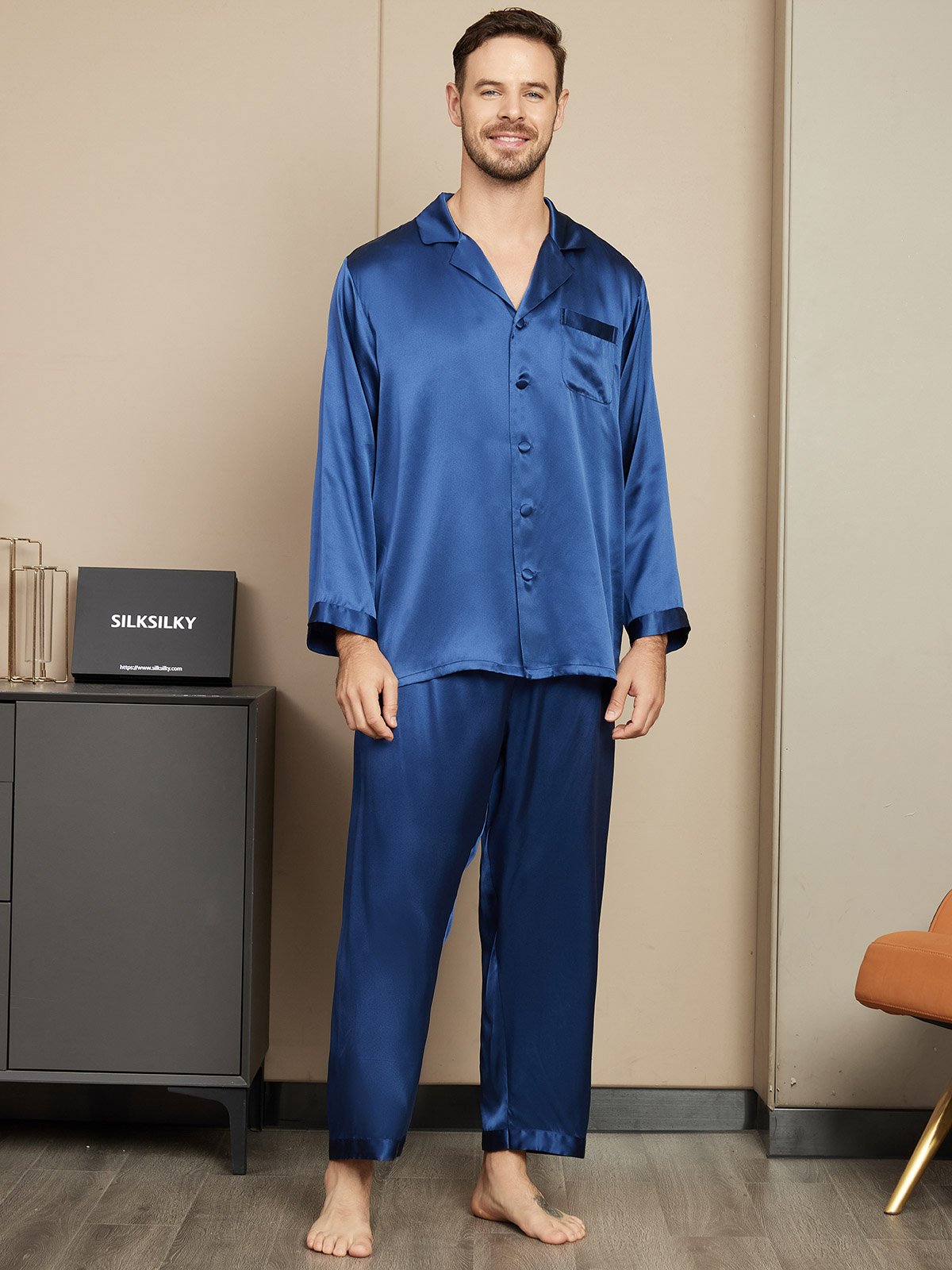 [Dark Blue] SilkSilky  Long Sleeve Lapel Collar Men's Pajamas 001