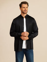 [Black] SilkSilky Long Sleeve Stand Collar Men''s Shirt 004
