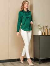 [Dark Green] SilkSilky  Long Sleeve Lapel Collar Women's Shirts 006