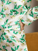 Green floral silk pajama set with notch collar, front pocket and piping trim