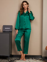 [Green] SilkSilky  Long Sleeve Lapel Collar Women's Pajamas 003