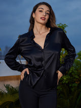 [Black] SilkSilky  Long Sleeve Lapel Collar Women's Shirts 001