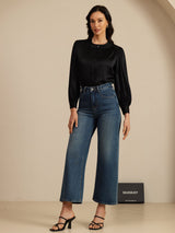 [Black] Black silk round neck blouse with lantern sleeves and button closure, styled with jeans 006