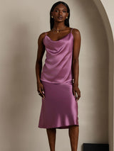 Mauve silk spaghetti strap cowl neck camisole on model