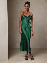 [Green] SilkSilky  Spaghetti Strap V Neck Dress 001