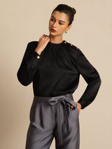 [Black] SilkSilky  Long Sleeve Round Neck Women's Blouse 001