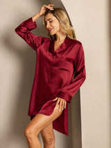 [Wine] SilkSilky  Long Sleeve Lapel Collar Nightshirt 004