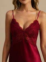 [Wine] SilkSilky  Spaghetti Strap Deep V Neck Nightgown 005