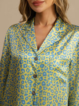 Women's yellow silk leopard print nightshirt with notch collar and button front