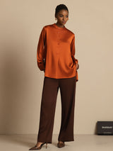 [Caramel] SilkSilky  Long Sleeve Stand Collar Women's Blouse 006