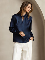 [Dark Blue] SilkSilky  Long Sleeve Keyhole Neck Women's Blouse 006