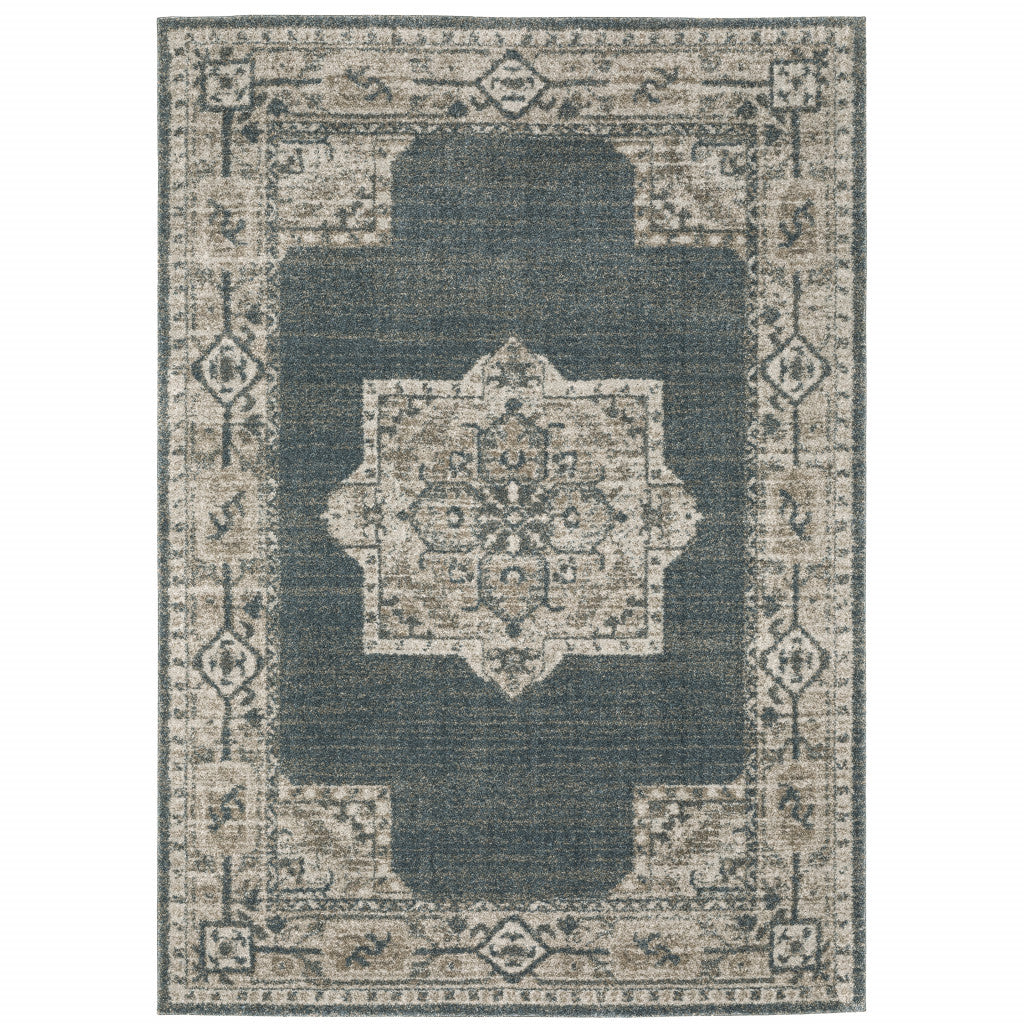 HomeRoots 508190 10 x 13 ft. Blue & Beige Oriental Power Loom Stain Resistant Rectangle Area Rug