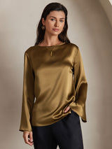 [Brown] SilkSilky  Long Sleeve Boat Neck Women's Blouse 003
