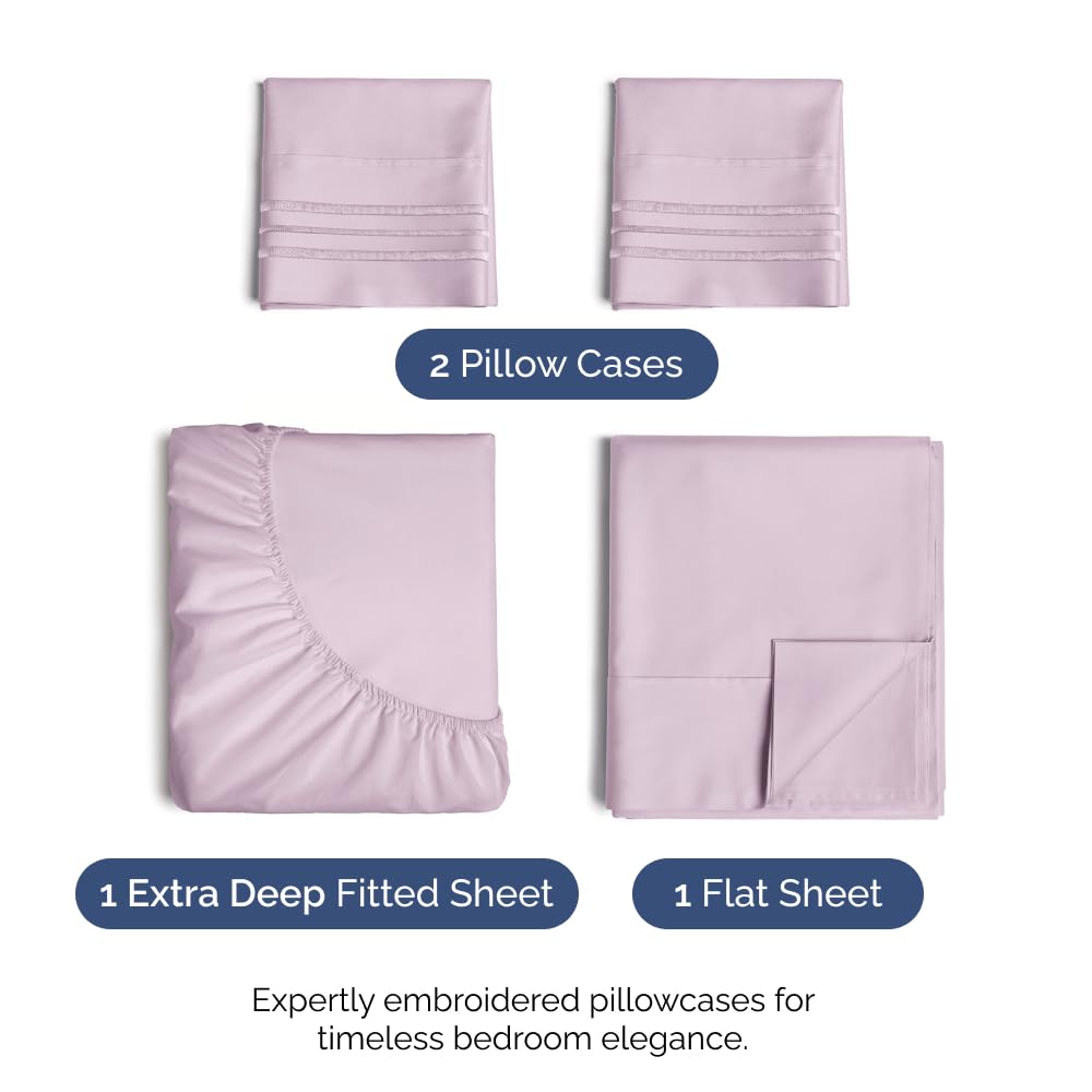 Extra Deep Pocket King Sheets - 4 Piece Breathable & Cooling Bed Sheets - Hotel Luxury Sheet Set - Soft, Wrinkle Free & Comfy - Easily Fits Extra Deep Mattresses - Deep Pocket Light Lavender Sheets
