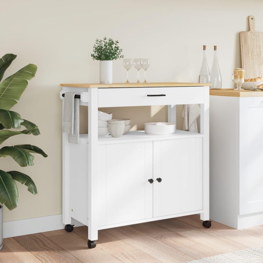 vidaXL Rolling Kitchen Trolley Cart, Solid Pine Wood, White/Honey, 33.1x15.7x35.4, Storage Island with Wheels and Drawer for Utensils