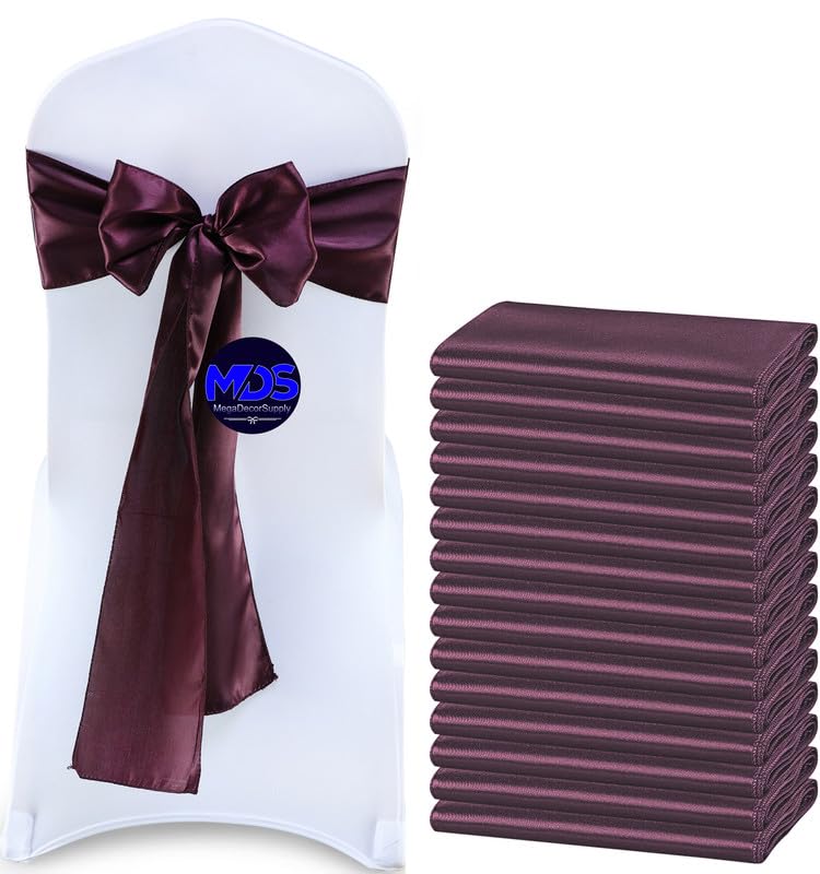 Mds Pack Of 10 Pcs Satin Chair Sashes Charmeuse Sateen Dining Chair Bows Ribbon Ties Back Sash For Wedding Party Birthday Home Hotel Restaurant Banquet Decoration (7 X 108 Inch, Plum)
