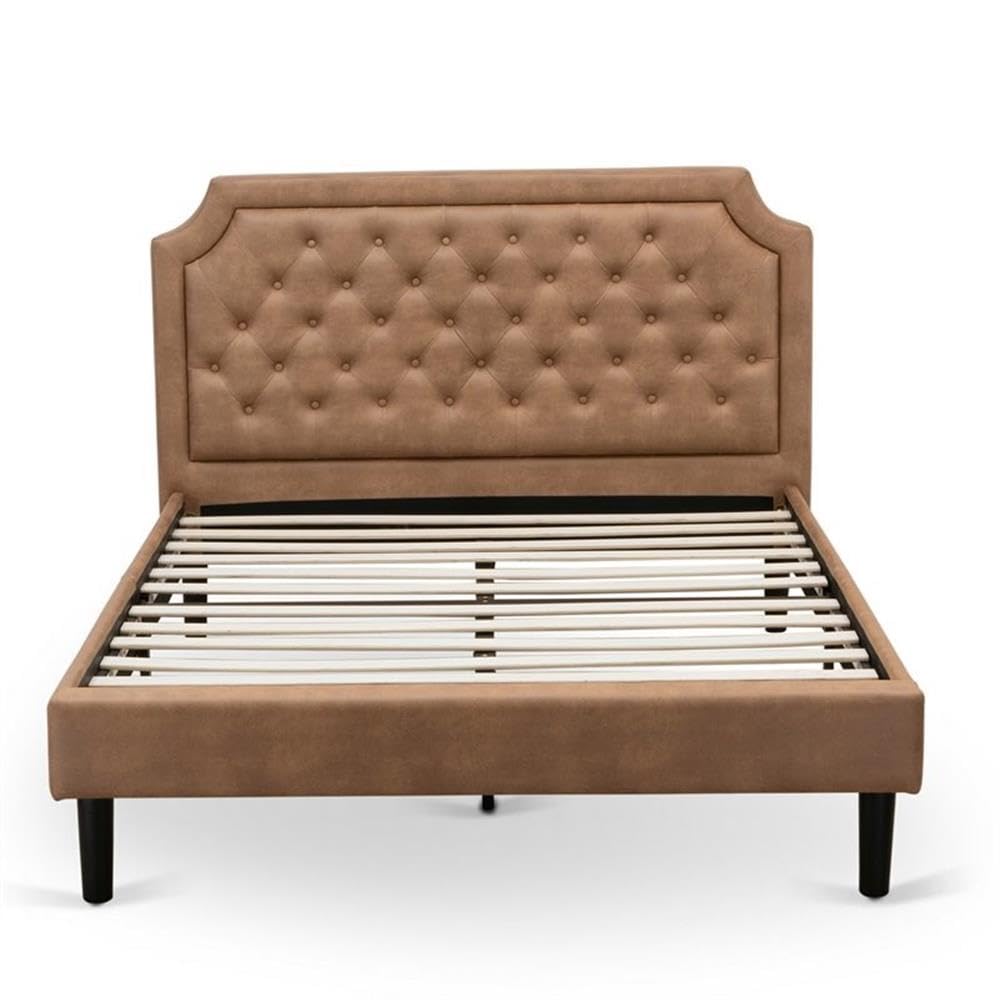 East West Furniture Granbury 2-Piece Platform Wooden Set for Bedroom with Button Tufted Queen Size Bed and 1 Antique Mahogany Mid Century Modern Nightstand-Brown Faux Leather Texture and Black Legs