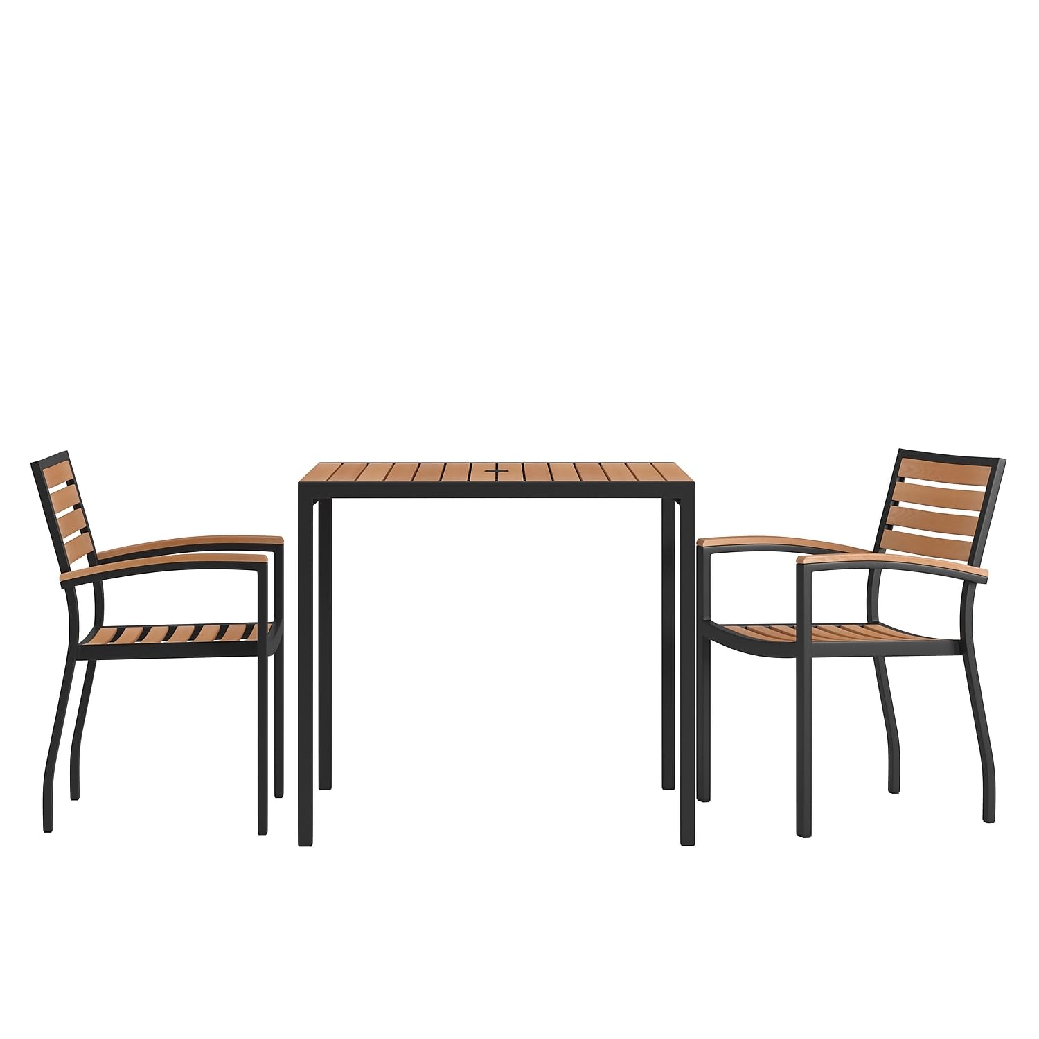 Flash Furniture 3 Piece Outdoor Dining Table Set - Synthetic Teak Poly Slats - 35 Square Steel Framed Table with Umbrella Holder
