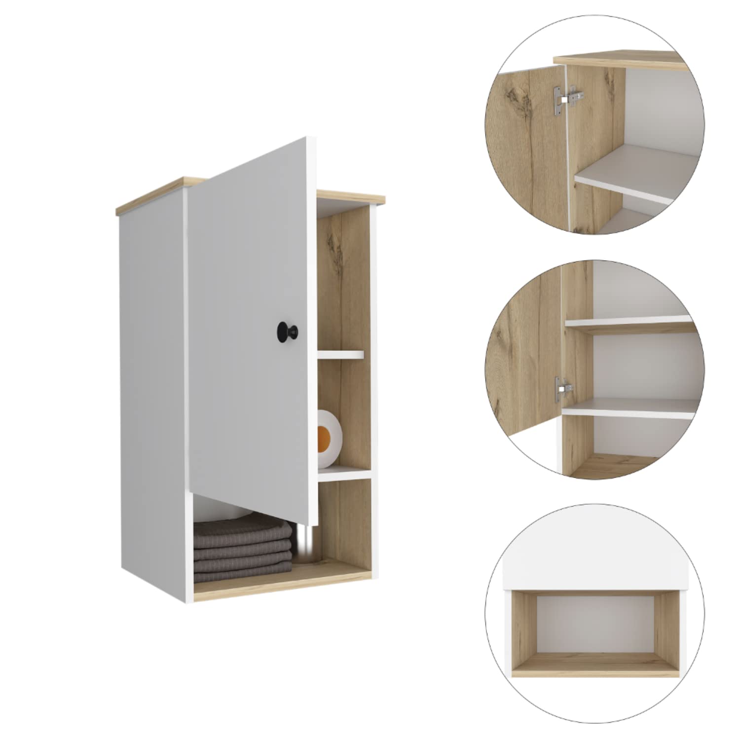 Medicine 28H Single Door Cabinet, 1 Shelf, 2 Interior Shelves, Light Oak/White