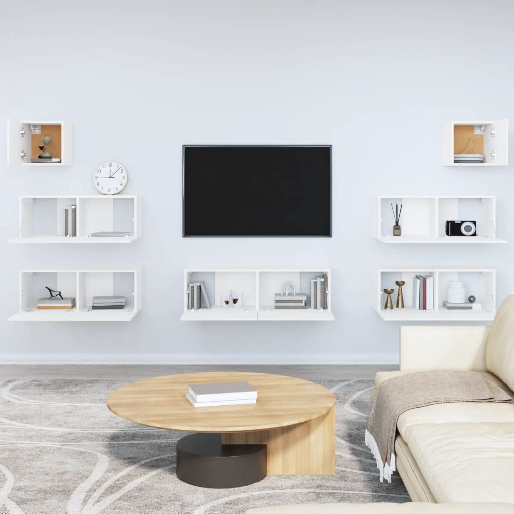 vidaXL TV Stand Set 7 Piece, Wall Mounted Entertainment Center, TV Stand Console with Storage, Modern Style, White Engineered Wood