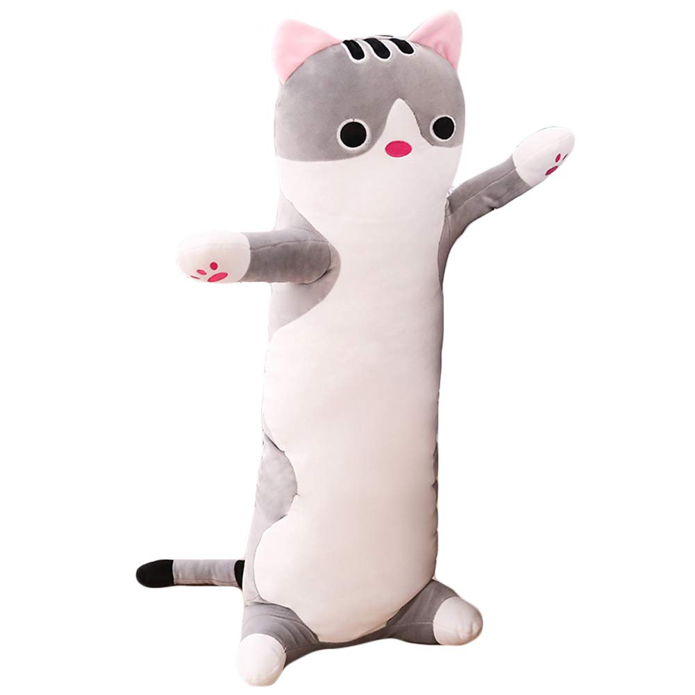 Jensquaify Cat Plush Hugging Pillow, Cat Stuffed Animals Long Pillow Soft Kitten Plush Body Pillow Toy Gifts For Kids (Gray, 27.